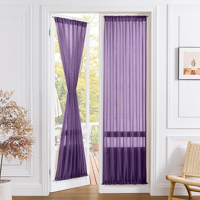 Tollpiz Sheer Door Curtain Closet Linen Textured Curtains Sheer Doorway Light Filtering Voile Patio Glass Door Rod Pocket Curtain French Door, 54 x 72 inches Long, Royal Purple, Set of 1 Panel