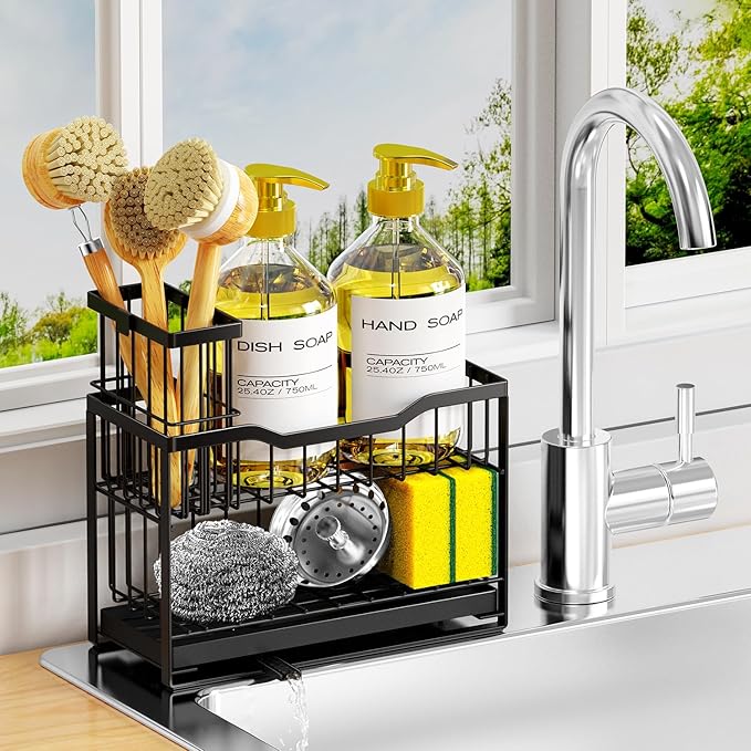 2-Tier Kitchen Sink Caddy with High Brush Holder&Self-Draining Tray,Rustproof&Non-Slip Sink Sponge Holder,Kitchen Countertop Storage Organizer,Soap Dispenser Storage - Black