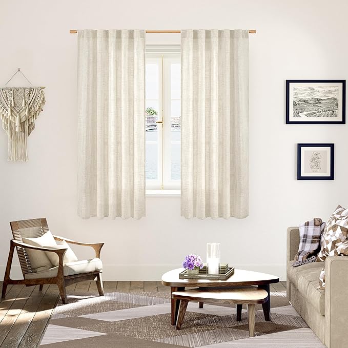YoungsTex Linen Curtains 63 Inch Length for Living Room, Semi Sheer Window Drapes with Rod Pocket Back Tab Curtain Light Filtering for Bedroom Office, Linen, 2 Panels, 38 X 63 Inch