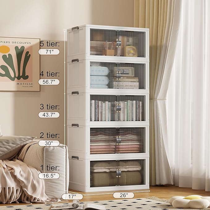 SAILUN 136Gal/543Qt Stackable Storage Bins Folding Collapsible Storage Bins with Lid, Closet Organizers and Storage, Storage Box Grey 26" W x 17" D x 71" H