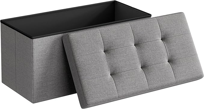 SONGMICS MAZIE Collection - 30 Inches Folding Storage Ottoman Bench, Ottoman Foot Rest, End of Bed Bench, Storage Chest, Load 660 lb, for Living Room, Bedroom, Entryway, Light Gray ULSF47G