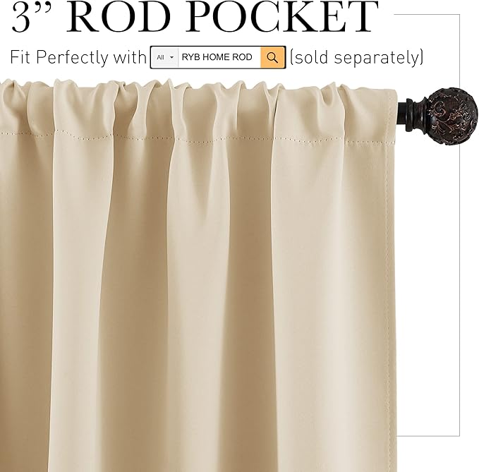 RYB HOME Blackout Curtains Short - Privacy Energy Efficient Window Curtain Panels Room Darkening Shade Tiers Pair for Kitchen Nursery Kids Bedroom, Wide 29 x Long 30 inch, Biscotti Beige
