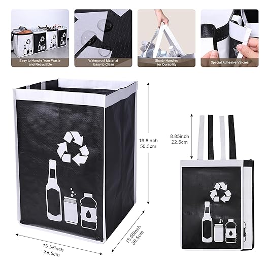 Recycle Waste Bag for Kitchen Home- Large Indoor Recycling Bins Trash Sorting Organizer, Reusable and Waterproof, 4 Pack