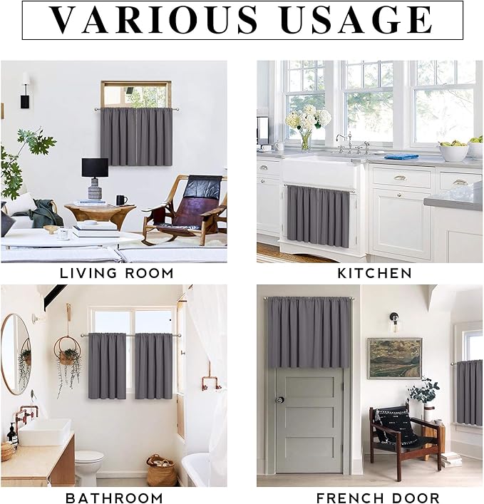 RYB HOME Blackout Tier Curtains for Kitchen, Solid Half Window Curtain Tiers for Bedroom Energy Saving Privacy Shade for RV Camper Bathroom Basement, Width 29 x Length 30 inches, Grey, 2 Pieces