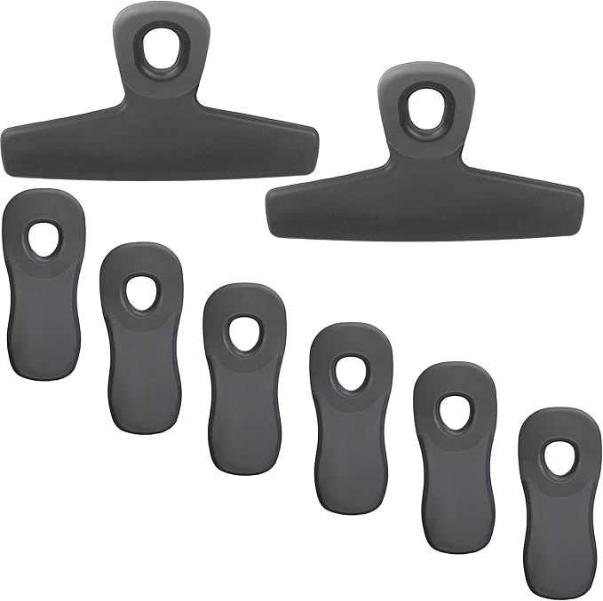 COOK WITH COLOR Bag Clips, Heavy Duty Chip Clip and Refrigerator Magnet Clips for Food Storage with Air Tight Seal Grip for Snack Bags and Food Bags (Grey, Pack of 8)