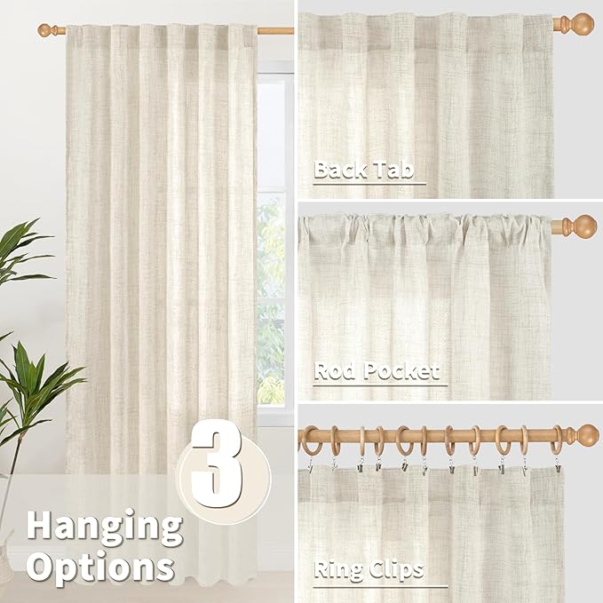 YoungsTex Boho Linen Curtains 63 Inch Length 2 Panels for Living Room - Cream Semi Sheer Window Drapes Light Filtering with Back Tab Rod Pocket Rustic for Country Bedroom, 52 X 63 Inch