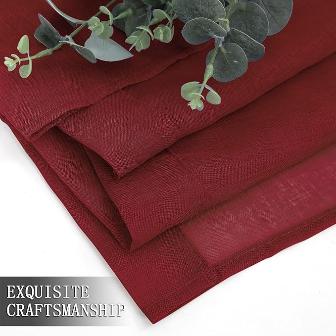 Tollpiz Short Sheer Tier Curtains Linen Textured Half Kitchen Curtain Sheers Light Filtering Rod Pocket Voile Small Curtain for Bathroom, 25 x 24 inches Long, Burgundy Red, Set of 2 Panels