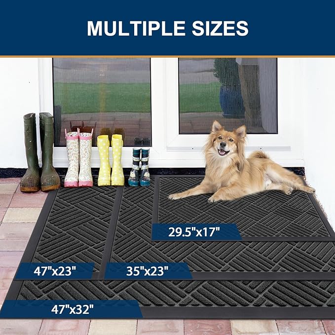 Smiry Front Door Mat Outside Entrance, Heavy Duty Outdoor Indoor Natural Rubber Doormat, Non Slip, Trap Dirt and Moisture, Easy Clean, Low Profile Patio Porch Entryway Mat, 47x32, Black