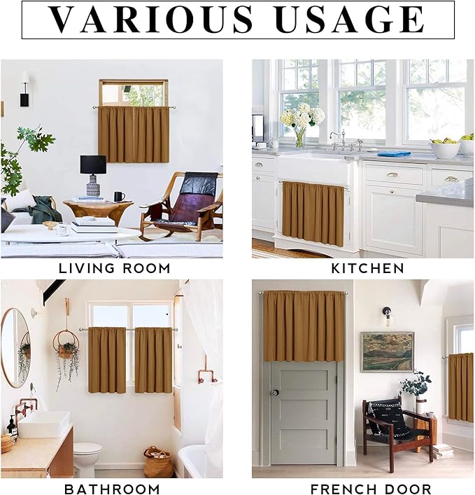 RYB HOME Small Curtains Blackout - Privacy Energy Efficiency Mini Curtains for Kids Bedroom RV Camper Windows Trailer Bathroom Kitchen Cabinet Window Tiers, W 29 x L 24, Gold Brown, 2 Panels