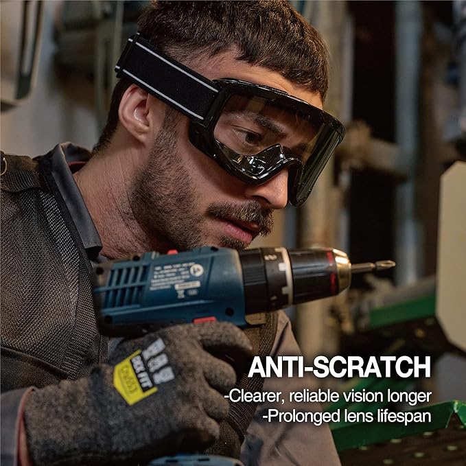 DEX FIT Protective Safety Goggles SG220B; Anti Fog & Scratch, Z87 Eye Protection for Lab, Science, and Chemistry Work, Indirectly Vented, Adjustable for Women and Men, (Black Frame, Clear Lens)