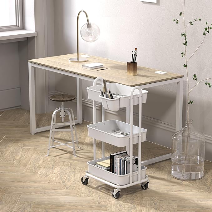Simple Houseware 3-Tier Multifunctional Rolling Utility Cart with Hanging Bucket, White