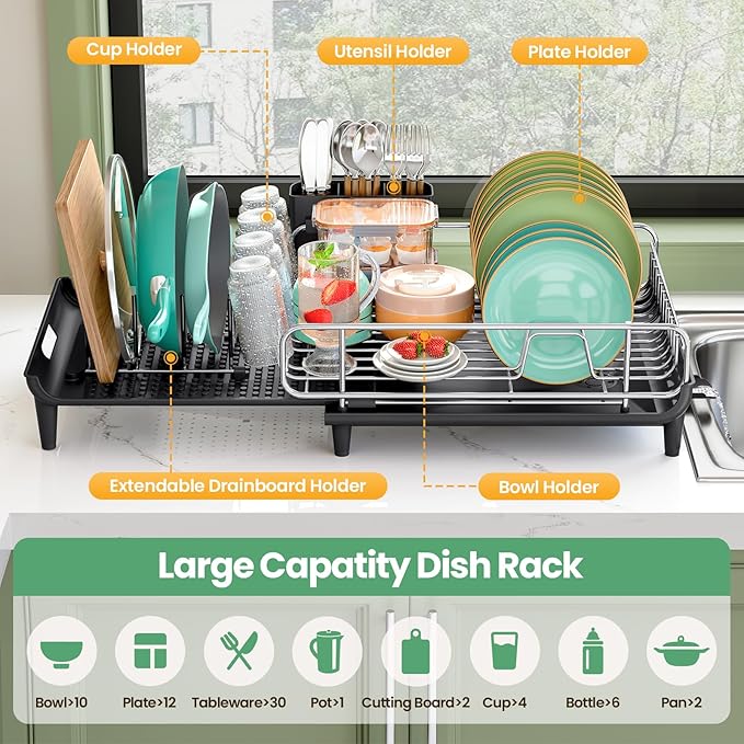 Expandable Dish Drying Rack, Foldable Dish Rack for Kitchen Counter, Stainless Steel Collapsible Dish Drainer Racks with Cutlery Holder, Black