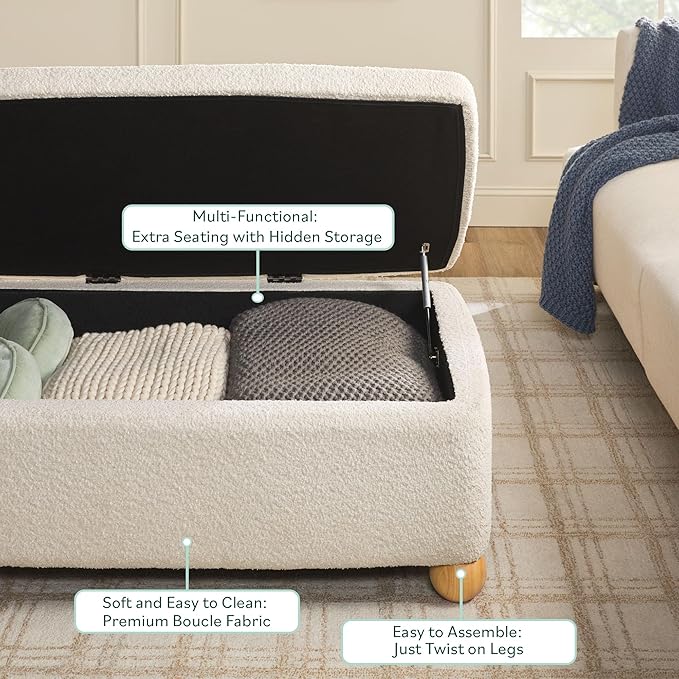 Walker Edison Linley Contemporary Large Storage Bouclé Ottoman with Wood Legs, Ivory