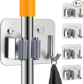 4 Pack Stainless Steel Mop and Broom Holder Wall Mount with Hook, Screw Drilling Mop and Broom Hanger, Single Heavy Duty Storage Rack for Laundry Garage Closet Garden Tool Organizer, Silver