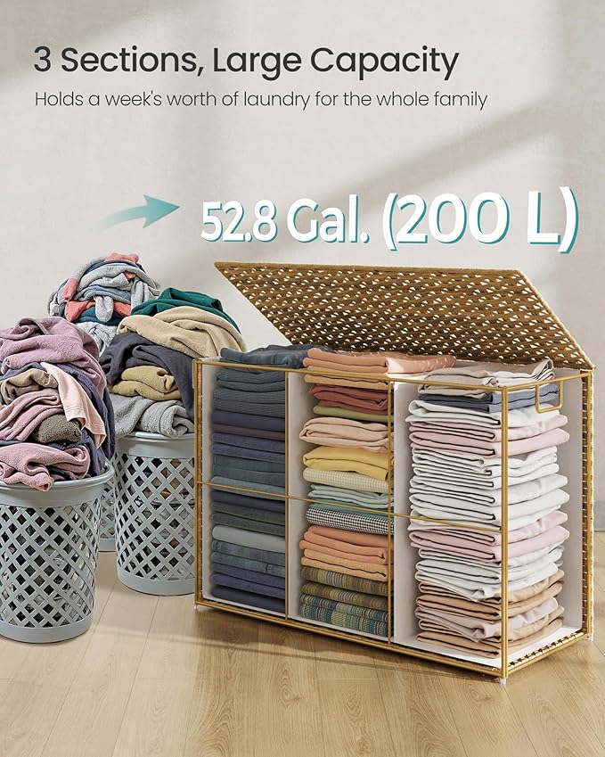 SONGMICS Laundry Hamper with Lid, 52.8 Gallon (200 L) Synthetic Rattan Clothes Laundry Basket with Lid and Handles, Foldable, Removable Liner, Goose Yellow ULCB320Y01