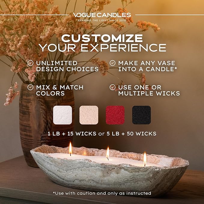 Vogue Candles Granulated Wax Refill - 1lb Plant-Based Granules Pack With 10 Clean Burning Wicks - Long-Lasting Luxury Sand Wax for DIY Candle Making