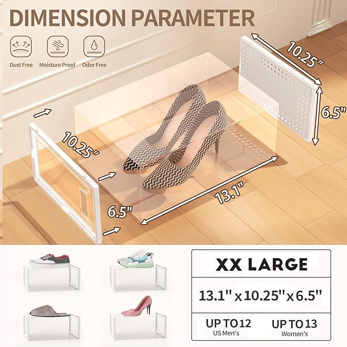 Secret Space 12 Pack XX Large Shoe Storage Organizer for Closet, Modular Space Saving Shoe Boxes Clear Plastic Stackable Containers Display Case Bins with Lids, Shoe Rack for Sneaker Storage, White02