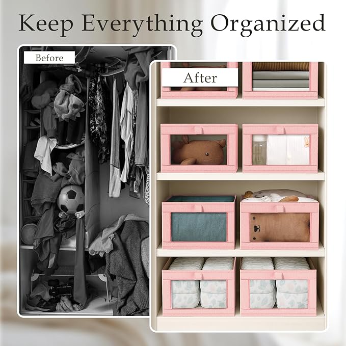 Criusia 6 Pack Linen Closet Organizers and Storage, Large Linen Closet Baskets for Organization, Foldable Storage Containers for Clothing, Towels, Jeans, Books, Shelves, Pink