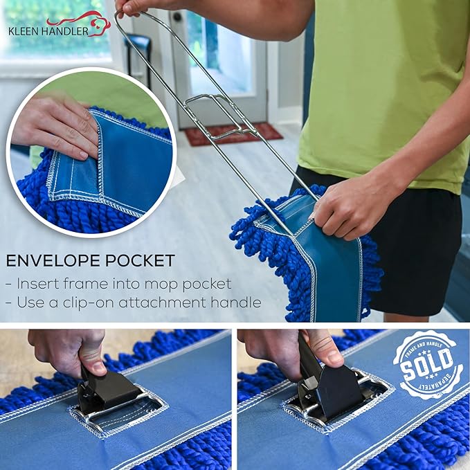KLEEN HANDLER 18 Inch Microfiber Dust Mop Bulk Pack of 12, Large Washable Commercial Mop Head Replacement, Sweeper, Janitorial Supplies, Blue