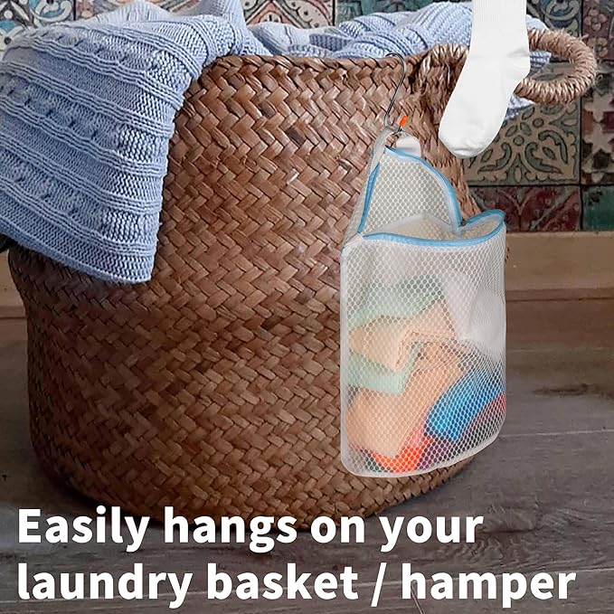 3Pcs Hanging Laundry Bags for Socks with S Hooks, 12 X 10 inch 3 Color Mesh Laundry Bags for Washing Machine