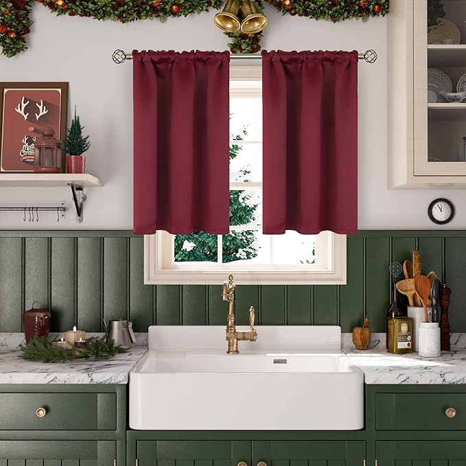 BGment Short Burgundy Blackout Curtains 45 Inches Length - Rod Pocket Thermal Insulated Room Darkening Window Drapes for Bedroom Kitchen Christmas Decorative, 42 x 45 Inch, 2 Panels