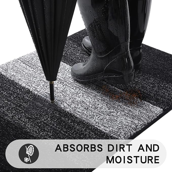 Kitinjoy Indoor Outdoor Door Mat, 32x20 Non-Slip Absorbent Dirt Trapper, Low-Profile Washable Inside Entrance Front Floor Mat, Sturdy Soft Entry Doormats for Entryway, Black