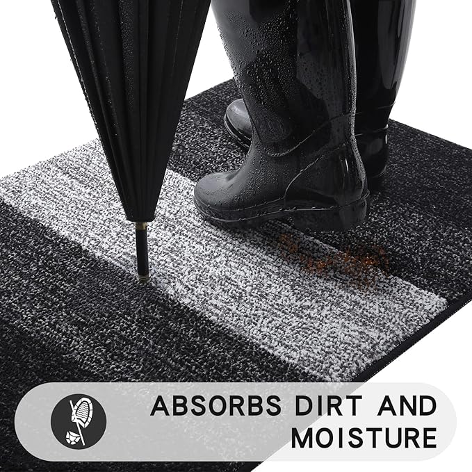 Kitinjoy Indoor Outdoor Door Mat, 30x17 Non-Slip Absorbent Dirt Trapper, Low-Profile Washable Inside Entrance Front Floor Mat, Sturdy Soft Entry Doormats for Entryway, Black
