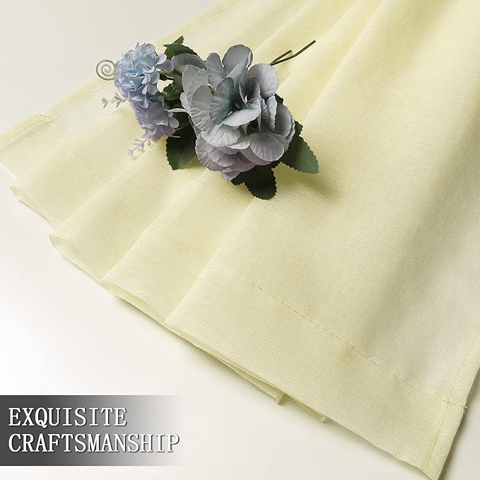 Tollpiz Short Sheer Curtain Linen Textured Bedroom Curtains Sheer Light Filtering Rod Pocket Voile Curtain for Living Room, 54 x 54 inches Long, Transparent Yellow, Set of 2 Panels