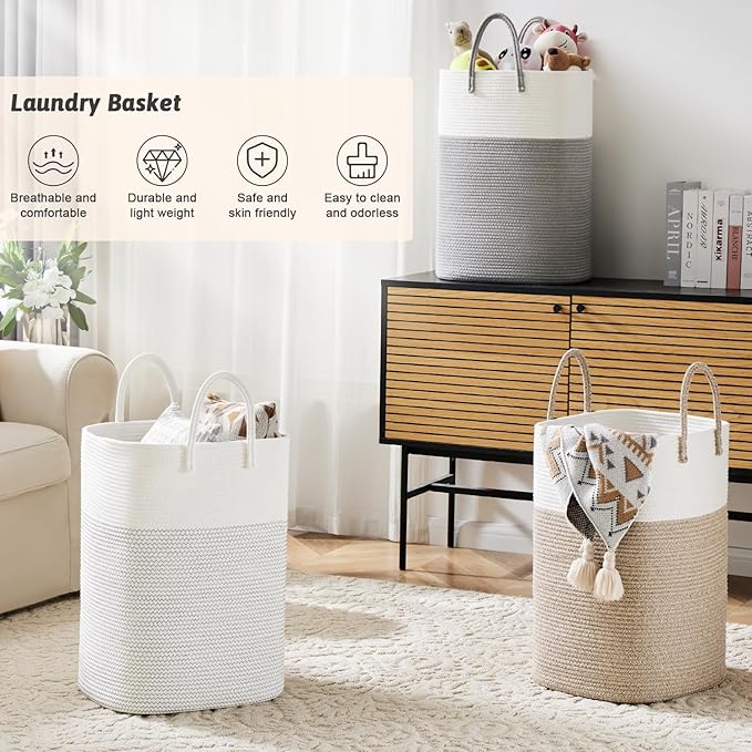 Laundry Basket,Woven Cotton Rope Laundry Hamper,Versatile Storage for Dirty Clothes,Baby Toys,and Blankets in Bathroom, Nursery,and Living Room (Grey, 40L)