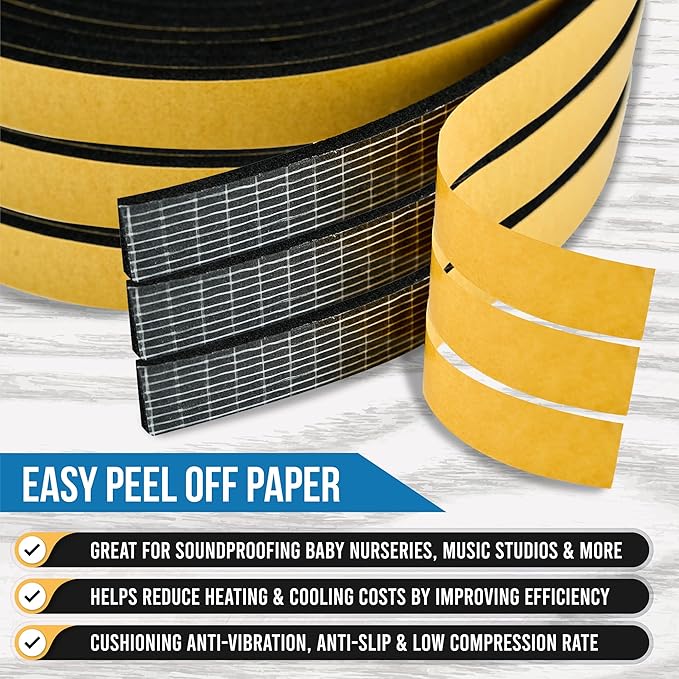 High Density Foam Weather Stripping Door Seal Strip Insulation Tape Roll for Insulating Door Frame, Window, Air Conditioner | Self Adhesive Sealing Weatherstrip (Black, 1/2 in x 1/8 in x 50)