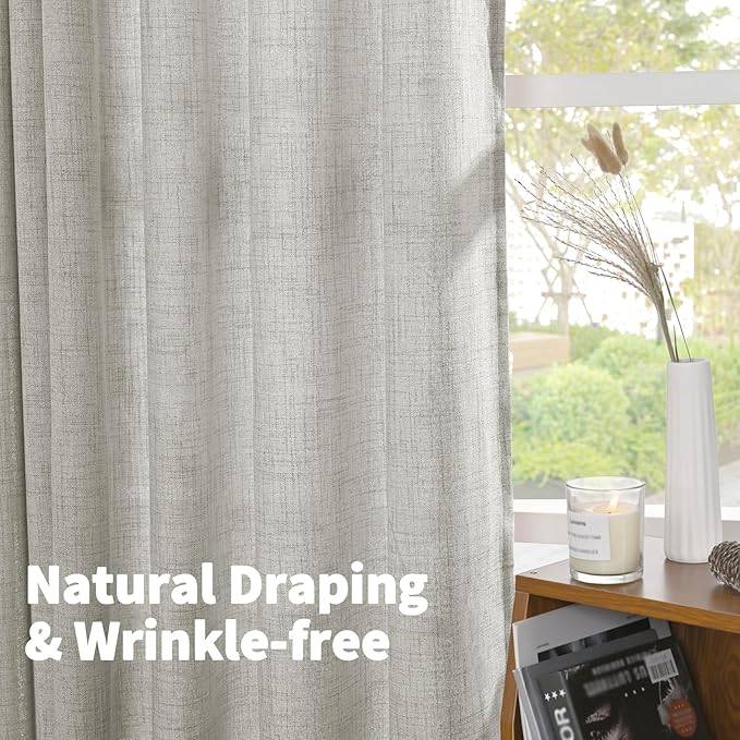 YoungsTex Light Grey Linen Curtains 95 Inches Long for Living Room, Floor Length Semi Sheer Drapes with Rod Pocket Back Tab Light Filtering Window Treatments for Bedroom, 52 X 95 Inch, 2 Panels