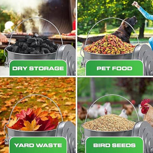 Plexon 6 Gallon Small Metal Trash Can with Locking Lid Galvanized Metal Bucket with Lid for Poultry Feed Bird Seed Storage Ash Outdoor Garbage Trash Bin 2 Pack
