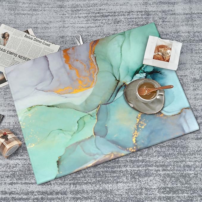 Teal Marble Golden Swirls Pattern Dish Drying Mats For Kitchen Counter Microfiber Absorbent dish Mat Xl Reversible Drying Mats For Countertop 18 Inch X 24 Inch