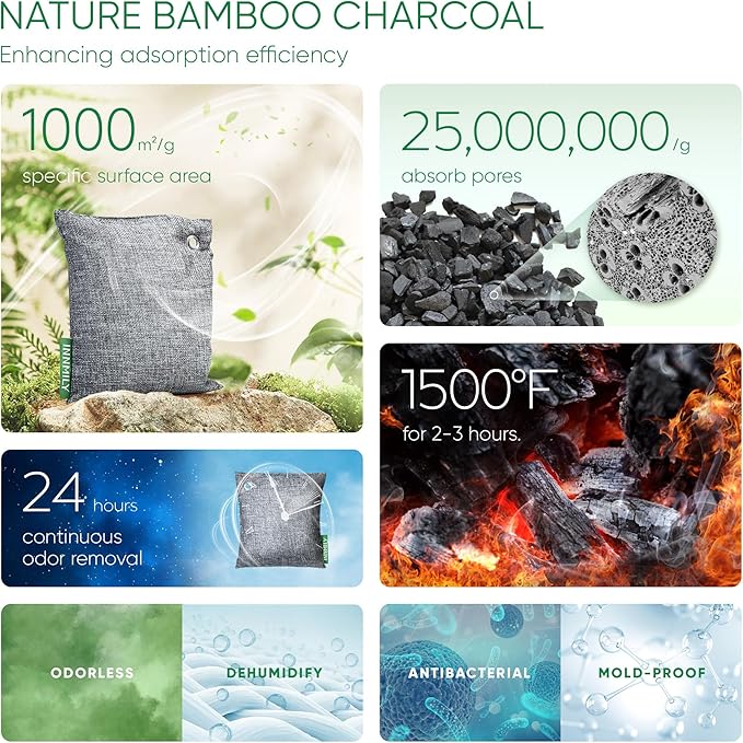 Activated Charcoal Odor Absorber, Odor Eliminator for Strong Odor,Bamboo Charcoal Air Purifying Bags for Home Car Closet Pet, Smoke Room Deodorizer (4 x 500g Large, Unscented)