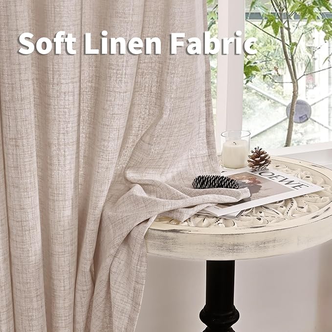YoungsTex Linen Semi Sheer Curtains 90 Inch Length 2 Panels for Living Room, Light Filtering Textured Drapes Natural Rustic Window Treatments with Pinch Pleated for Living Room Bedroom, 40 X 90 Inch