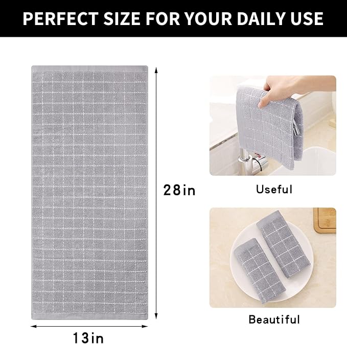 Homaxy 100% Cotton Terry Kitchen Towels(Light Grey, 13 x 28 inches), Checkered Designed, Soft and Super Absorbent Dish Towels, 6 Pack