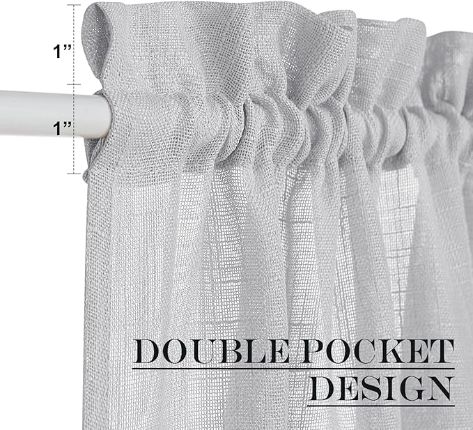 NICETOWN Linen Door Curtains 40 Inches Long, Dual Rod Pocket Semi Sheer Sidelight French Door Curtains for Kitchen Glass with Tieback for Privacy Protection, W26 x L40, 1 Panel, Light Grey