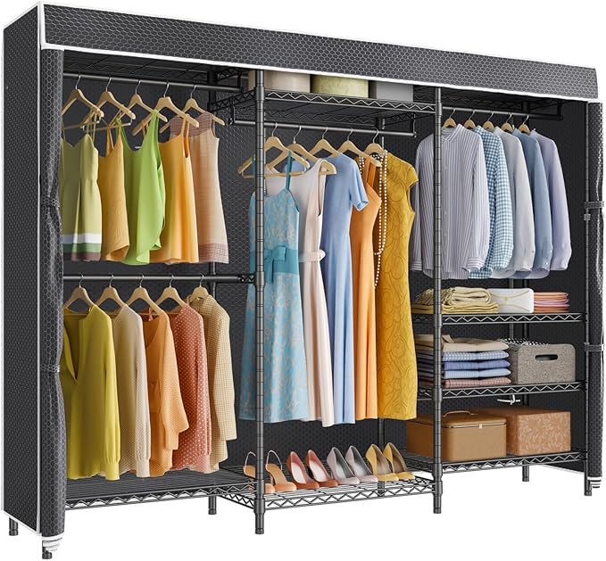 VIPEK V5C Plus Covered Clothes Rack Portable Wardrobe Closet, Heavy Duty Clothes Rack with Adjustable Shelves, Black Metal Clothing Rack with Black Upgarded Polyester Cover, Max Load 1040LBS