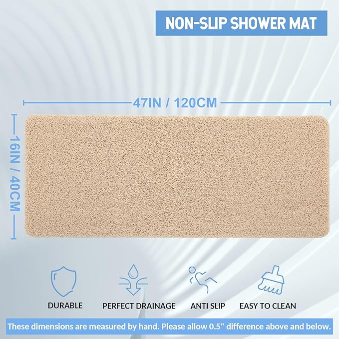 Non-Slip Bathtub Mat, Anti Slip Shower Mat, Fast Drying Bathtub Mats, Foot Scrubber Mat, Anti Slip Mat for Tub, Floor, Bathroom, Kitchen, Home, Hotel (Beige 47"×16")