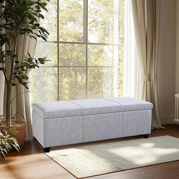 BELLEZE Storage Ottoman, 47 Inch Bench Bedroom Bench with Safety Close Hinge, Extra Long Ottoman with Storage for Living Room, Entryway, Hallway, Foot Rest, Support 300lbs - Gray