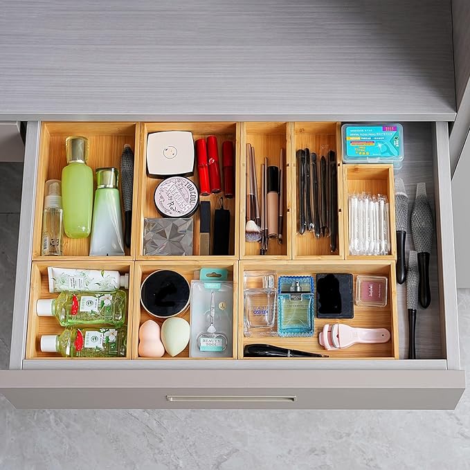 Fabsome Drawer Organizer, Set of 9 Bamboo Wood Kitchen Makeup Desk Junk Tea Drawer Storage Boxes Bins for Cutlery Silverware Utensils Flatware, Small Wooden Container Tray for Bathroom, Office