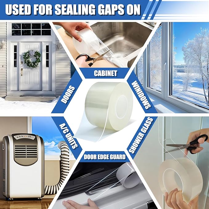 Window Weather Sealing Tape 2 in x 33 FT Weather Stripping Weatherproof Draft Stopper Clear Window Insulation Tape for Doors Windows Garages RVs Energy Saving Kit