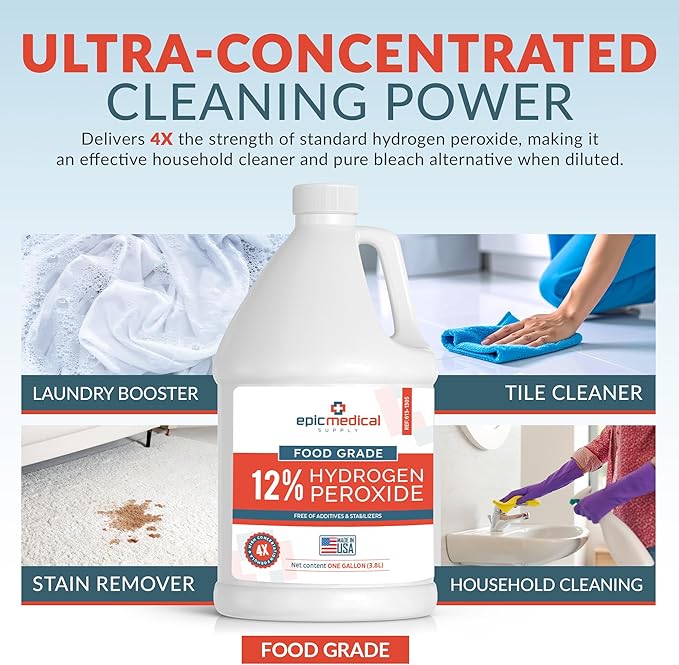 12% Food Grade Hydrogen Peroxide – Ultra-Concentrated H2O2 Peroxide Cleaner – 1 Gallon Bottle – Bleach Alternative for Household Cleaning, Laundry, Glass & More – Made in USA (1)