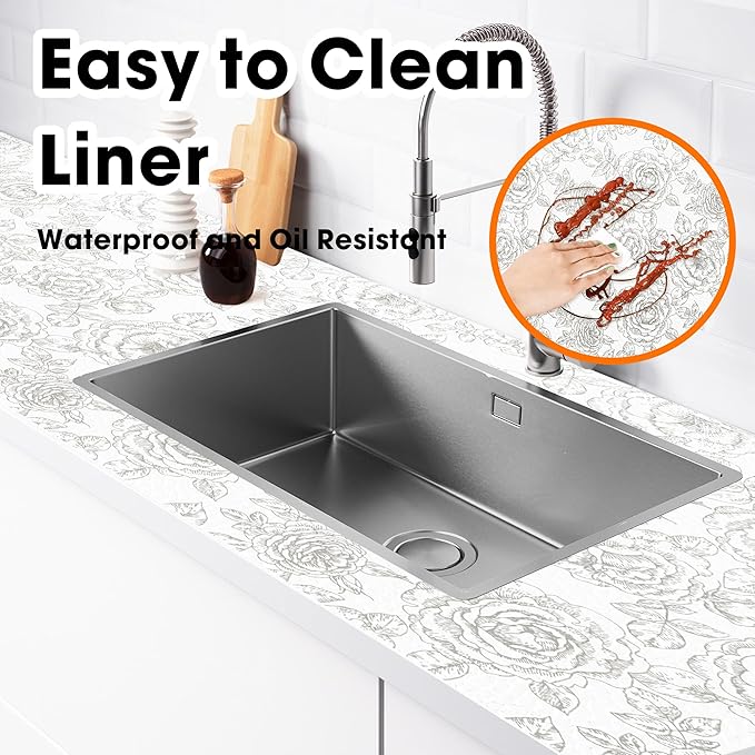 Drawer and Shelf Liner for Kitchen Cabinets Non-Adhesive, Non-Slip Cabinet Liner Shelf Paper Strong Grip Waterproof Easy to Clean for Kitchen Shelves Cupboard, Flower,23.6IN X 10FT