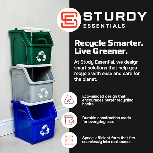 Multi Bin Recycling System with Nine Stackable 6 Gallon Recycle Bins to Build Your Recycling Center for Offices, Kitchen, Garages, Businesses - (9 Pack, Blue/Grey/Green)