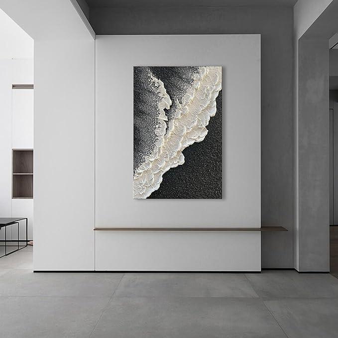 NANKAI Handcrafted Thick Texture Black and White Abstract Canvas Art Ocean Wave Beach Landscape Oil Painting Home Wall Art Deco Oil Painting 24X36 Inches