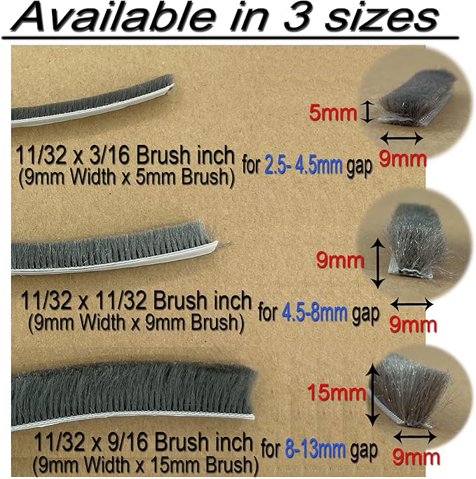 32ft Door Weather Stripping Door Seal Strip Brush for Sliding Windows/Doors Frame (32ft x11/32 Backing x 9/16 Brush inch, Black)