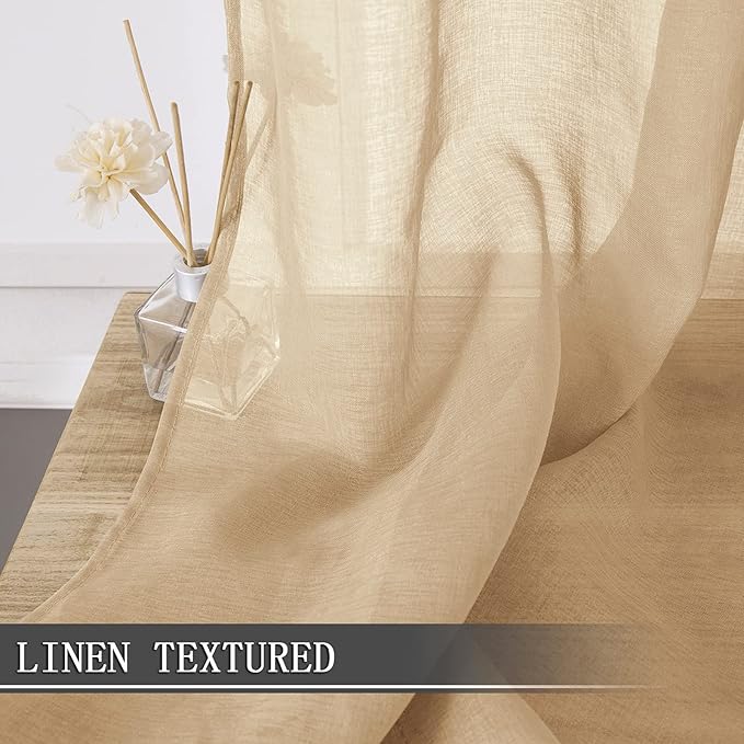 Tollpiz Sheer Curtains Linen Textured Bedroom Curtain Sheers Light Filtering Rod Pocket Voile Curtains for Living Room, 54 x 63 inches Long, Beige, Set of 2 Panels