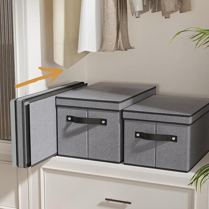 Clothing Storage Bins, Blanket Baskets for Shelves, Fabric Cubes with Handles and Lids, Decorative Linen Closet Organizers Boxes, Gray, 5 Pack, 16.5 x 11.8 x 10.2 Inch