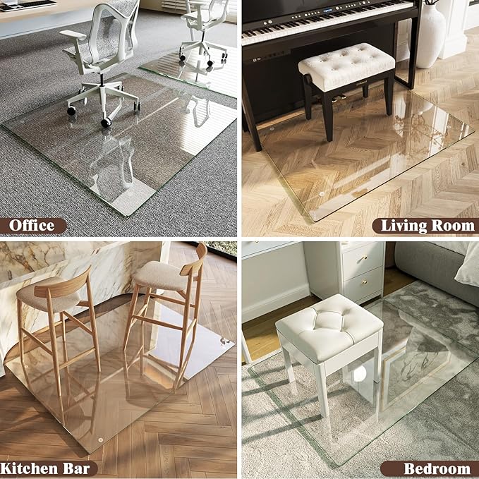 Koonmi Tempered Glass Chair Mat 50"x65" - Premium Office Chair Mat for Hardwood Floors & Low-Pile Carpet with 4 Non-Slip Pads - Thick Scratch-Resistant Surface